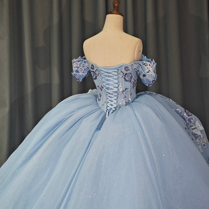 Jancember bleu épaule dénudée robe De bal robes De Quinceanera robes De 15 Anos formelle princesse robes De fête d'anniversaire DY6738