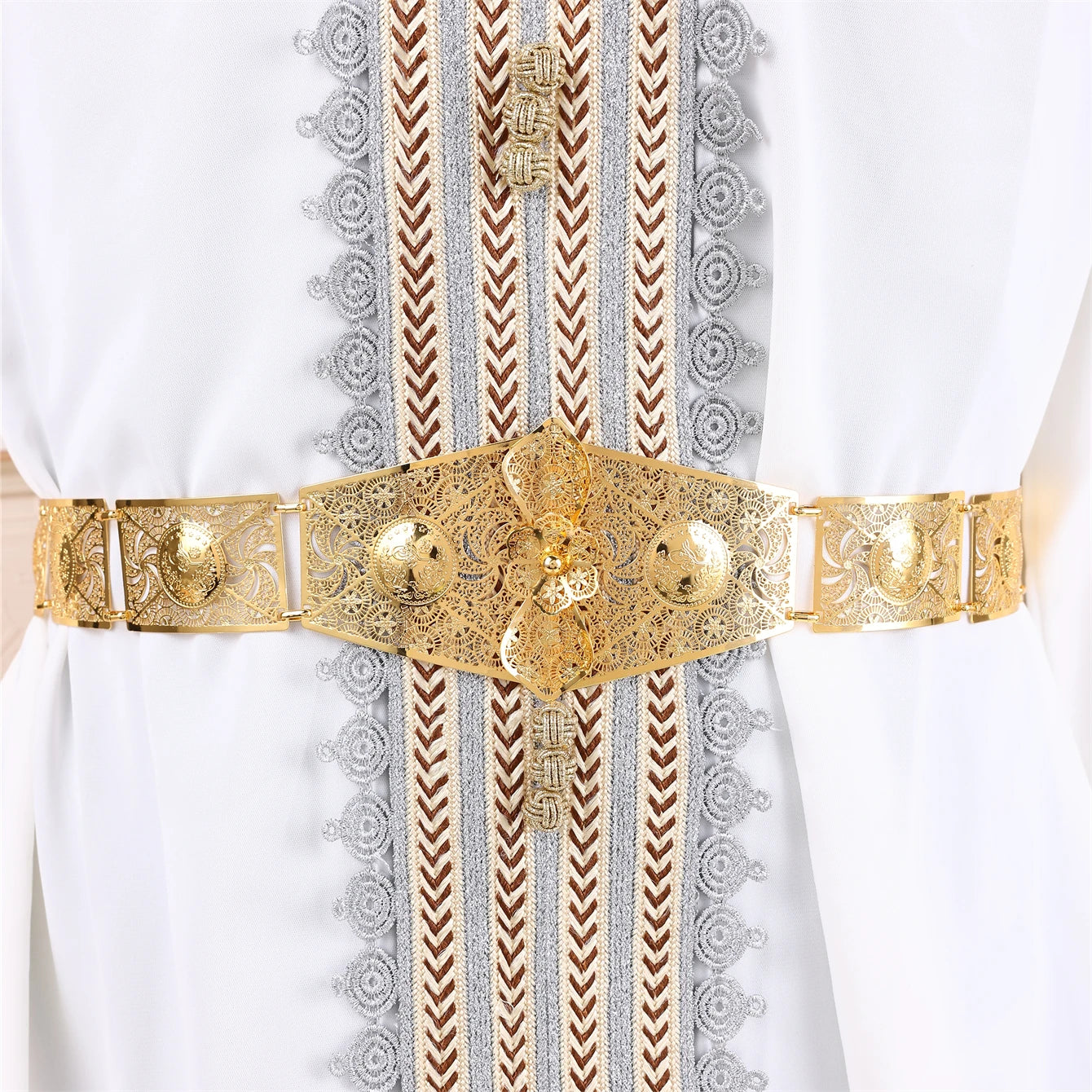 Algerian Belt Gold Plated Metal Handcrafted Fine Carved Arab Traditional Festival Bride Wedding Belt Chain Jewelry