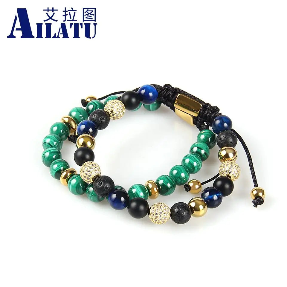 Ailatu 10 piezas de joyería de marca para hombres, pulseras de macramé con bolas de circonita cúbica de 8 mm, cuentas de piedra natural, servicio de logotipo gratuito