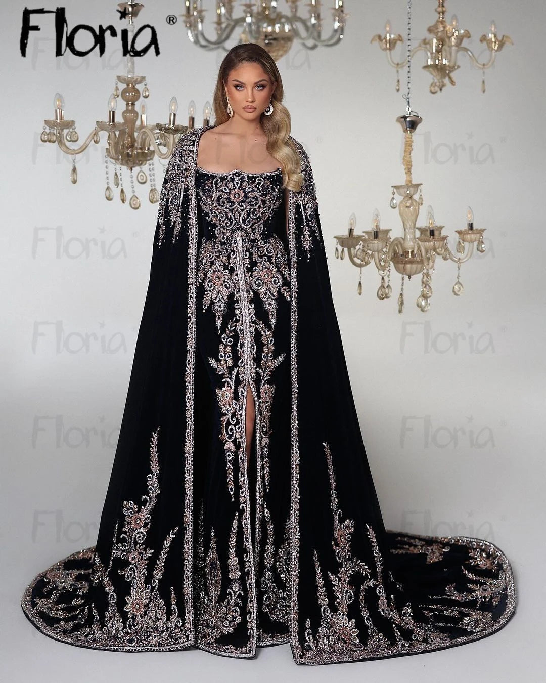 Robes de soirée brodées en velours du Moyen-Orient Floria avec longue cape Robes d'occasion formelles pour femmes de Dubaï 2024 Robes d'événement de mariage