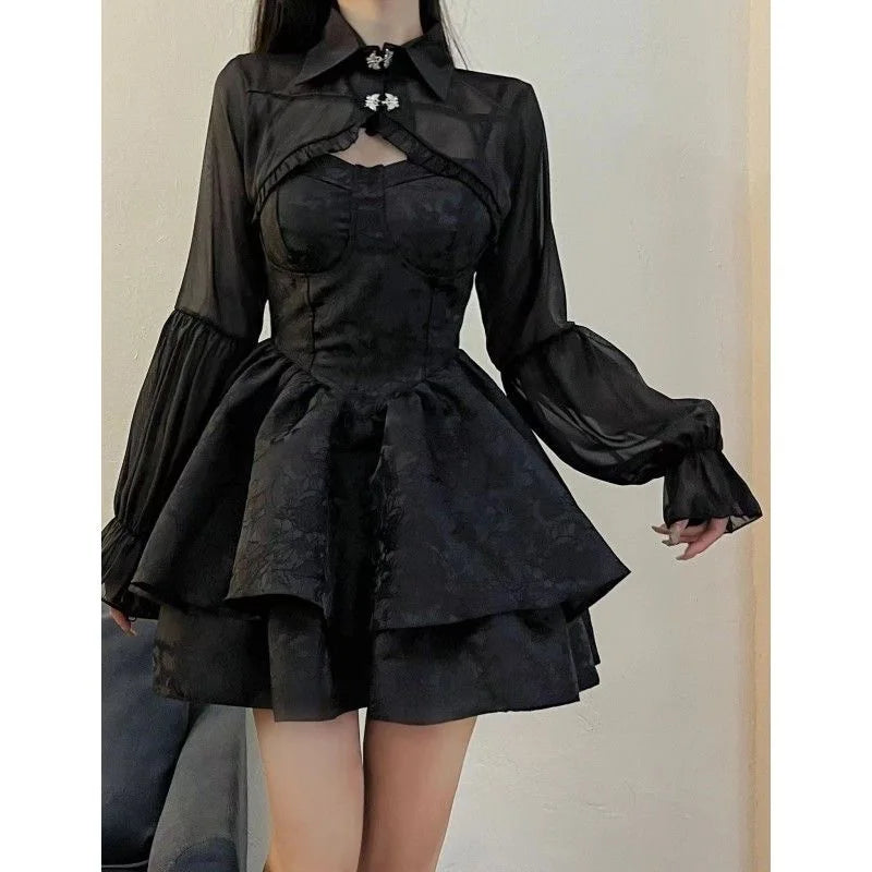 Vestido Lolita negro sexy para mujer, minivestidos góticos vintage, disfraces de Cosplay de Halloween Harajuku, vestido de hada de manga larga para mujer