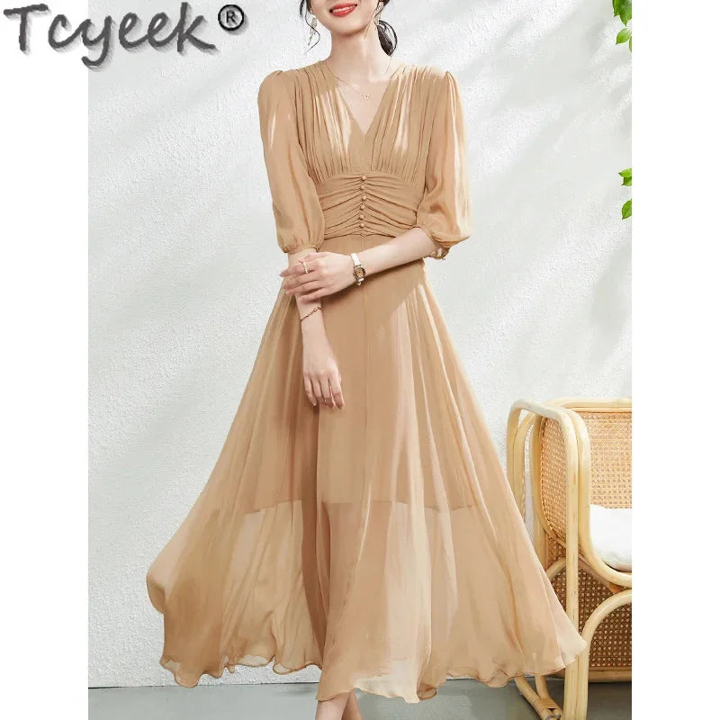 Heavyweight Tcyeek 100% Mulberry Silk Long Dress Women Clothing Elegant and Pretty Women's Fashion Summer Dresses 2024