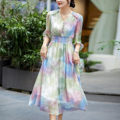 Elegant Vintage Dresses For Women 2024 Summer V-neck Women's Print Dress A-line 100% Real Silk Woman Fashion Holiday Long Dress