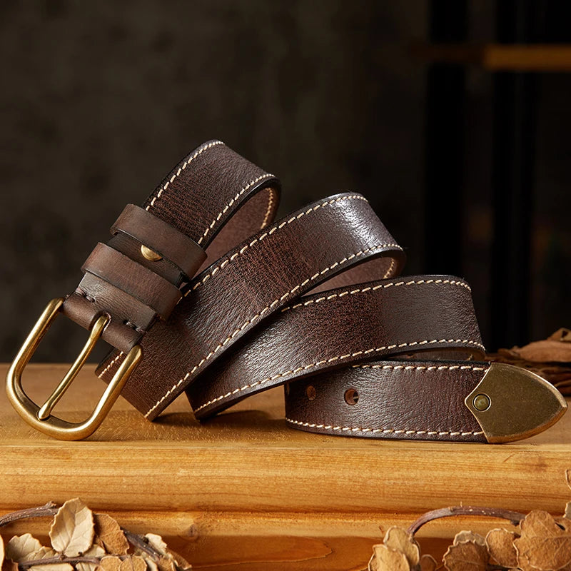 Ceinture épaisse en cuir véritable vintage pour hommes, cuir de vachette pleine fleur, boucle ardillon en cuivre, sangle de taille, ceinture décontractée pour jeans au quotidien