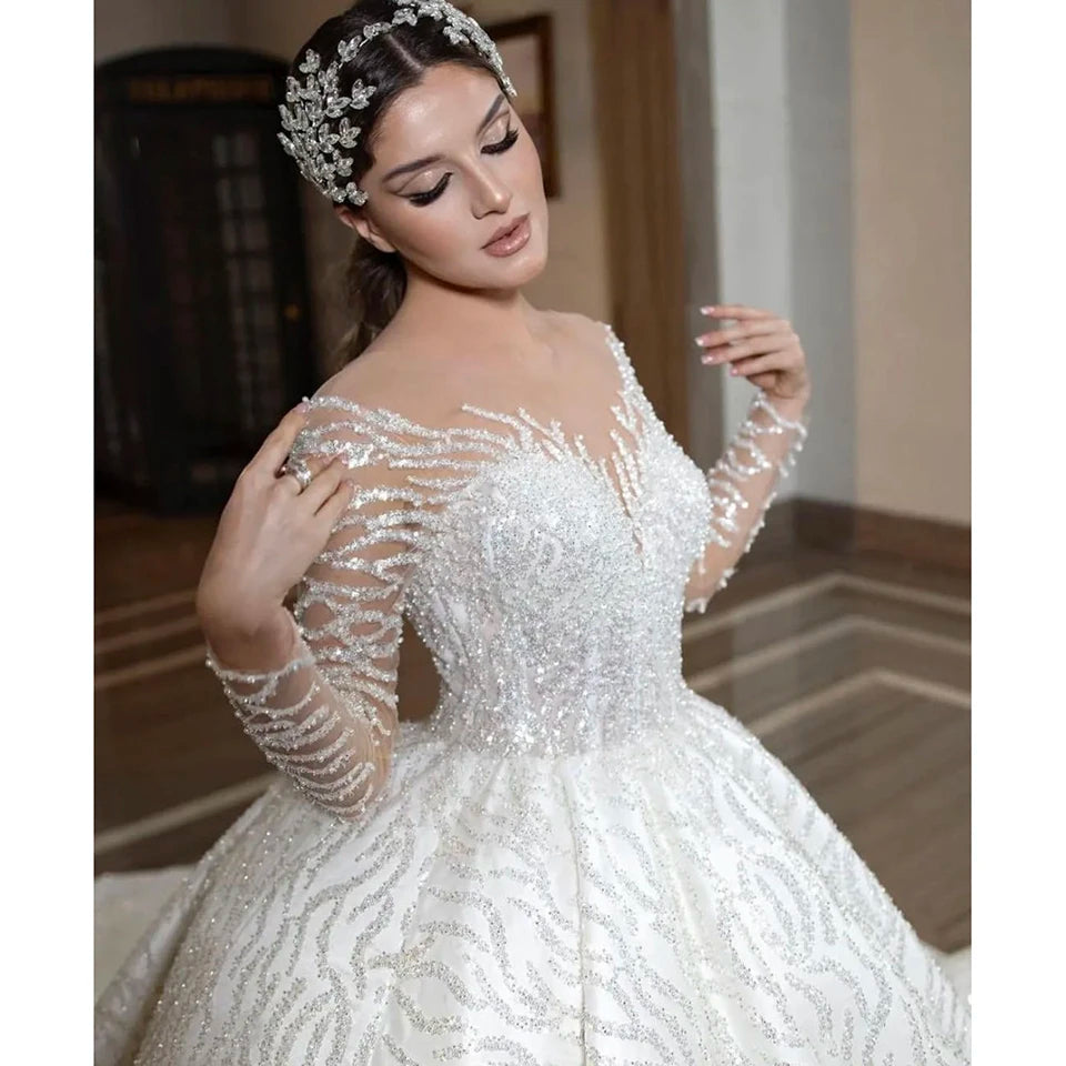 Luxury White O-Neck Sequin Full Sleeves Wedding Dress 2023 Ball Gown Floor Length Sweep Train Lace Up Custom Made Bridal Gown