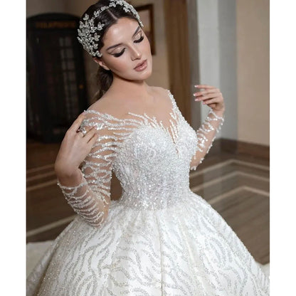 Robe de mariée de luxe blanche à col rond et paillettes, manches longues, robe de bal, longueur au sol, traîne à lacets, robe de mariée sur mesure, 2023