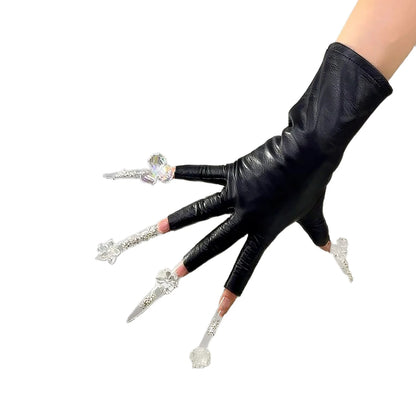 DooWay Real Leather Fingerless Gloves Half Finger Women's Short Genuine Lambskin Sheepskin Black Gothic Motocycle Driving Glove