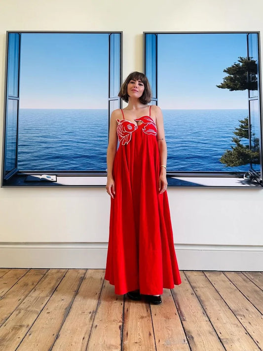 Vestido largo con tirantes de Koi rojo, elegante, de cintura alta, sin mangas, sin espalda, para mujer, elegante vestido largo de verano 2024, ropa de calle para fiesta