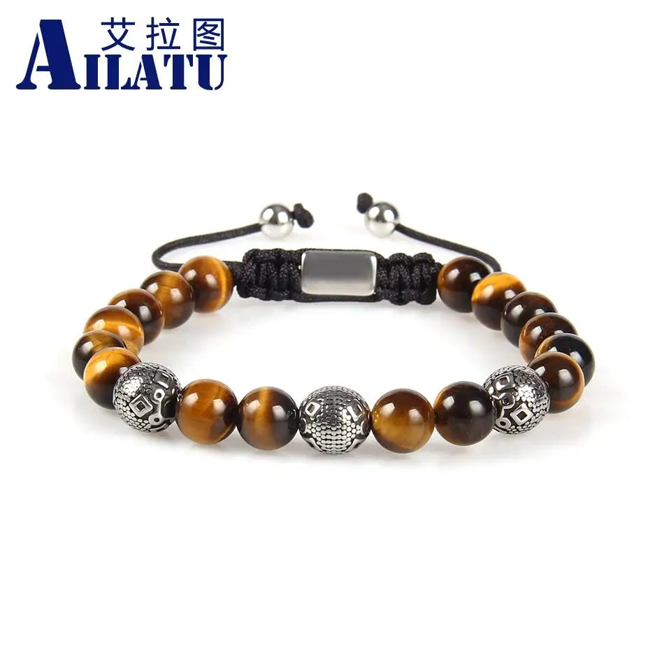 Pulsera de bolas de acero inoxidable de marca Ailatu de 10 piezas para hombre con cuentas de madera y piedra natural. Servicio de logotipo gratuito de alta calidad