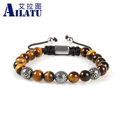 Pulsera de bolas de acero inoxidable de marca Ailatu de 10 piezas para hombre con cuentas de madera y piedra natural. Servicio de logotipo gratuito de alta calidad