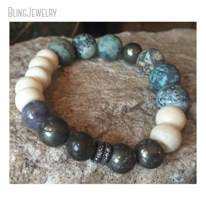 Pulsera de cuentas de piedra natural de pirita y turquesa africana estilo bohemio, 10 unidades, accesorio único para mujer, joyería llamativa para chakras