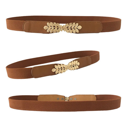 Ceinture élastique tendance en forme de feuille pour femme, extensible, tendance, bleu foncé, avec double boucle en métal doré