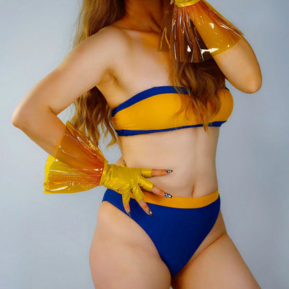 Guantes sin dedos de plástico transparente amarillo DooWay para mujer, cortos, de PVC, con volantes, de piel sintética, para noche, para cosplay, de medio dedo