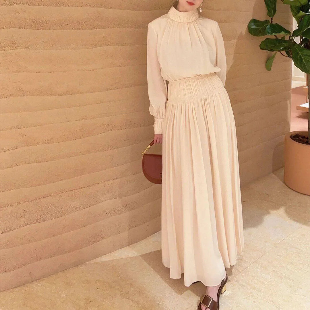 New Fashion Autumn Elegant Lady Dress Women Turtleneck Long Sleeve Folds Solid Color Casual Brief Long Dresses