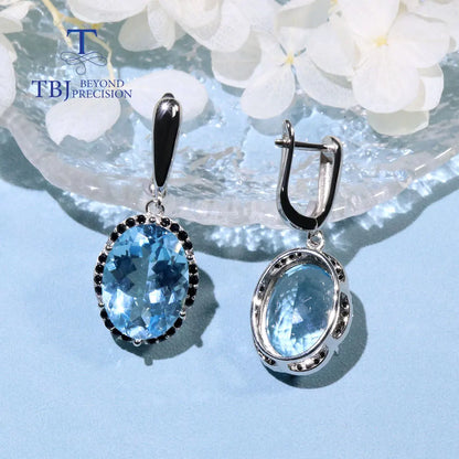 Conjunto de joyas de topacio azul cielo de gran tamaño, corte ovalado, 12 x 16 mm, 36 ct, piedra preciosa brasileña real, joyería fina brillante, plata de ley 925 para mujer