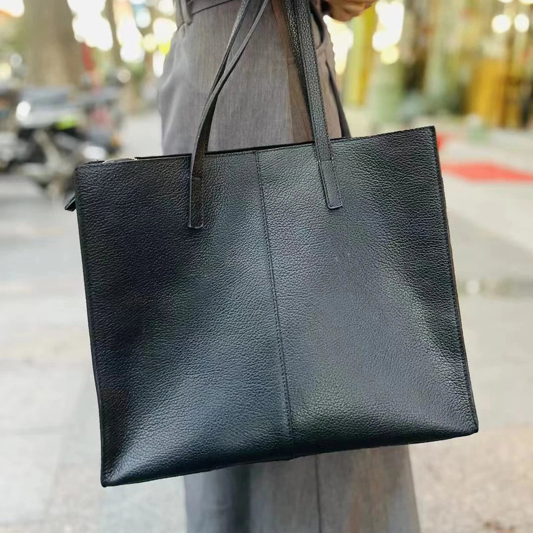 Sac fourre-tout en cuir véritable, grande capacité, sac de courses, couche supérieure en cuir de vache souple, cloison carrée texturée, sac à bandoulière original pour femme