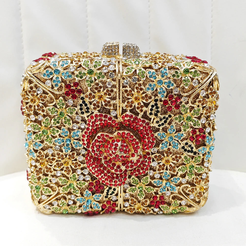 Sac de soirée carré à fleurs multicolores Pochettes en cristal Sacs à main de fête en métal dur doré Sacs à main pour femmes en diamant Sacs à main de bal en diamant