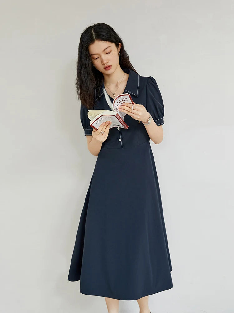 ZIQIAO Vestido camisero de manga abullonada con temperamento francés para mujer Vestido de verano nuevo para ocasiones formales Vestido de largo medio de corte A para mujer