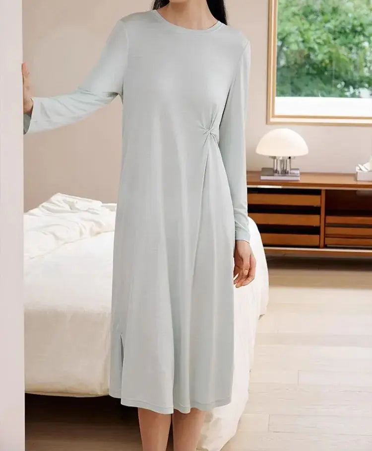 Winsleter,100%Mulberry Silk Elegant Knit Nightgown,Soft Pajama Dress,Women Long Sleeve Twisted,Summer Autumn New P47651QM