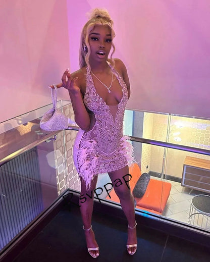 Pink Rhinestone Short Prom Dresses 2023 For African Black Girls Birthday Cocktail Exclusive Beads Diamond Women Party Gowns