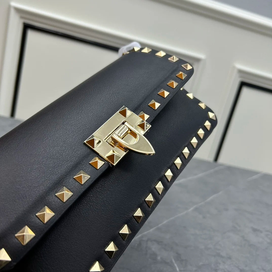 2024 New Arrival! Sleek Black Leather Shoulder Bag with Golden Rivets, Adjustable Strap, Platinum-Plated Hardware