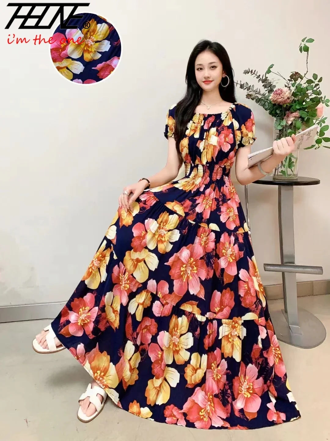 THHONE Vestidos Robe Maxi Long Dress Women Summer Indian Clothes Bohemian Cotton Linen Floral Short Sleeve Korean Style Casual