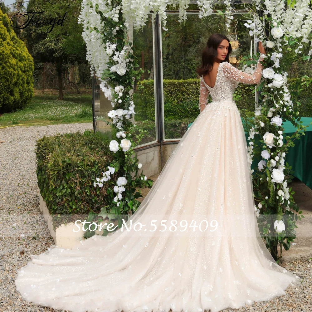 Robe de mariée de luxe sirène Traugel, col en V, manches longues, dentelle, fleurs 3D, traîne détachable