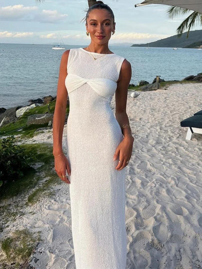 JULISSA MO Robe longue en tricot transparente froncée pour femme, sans manches, col rond, tenue d'été moulante et élégante pour fête et plage