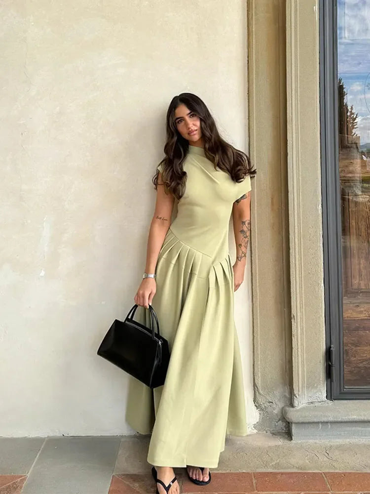 Women Elegant Green Irregular Pleated Dress O Neck Patchwork Short Sleeve Long Dresses 2024 Sexy Casual Office Lady Street wear