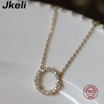 Jkeli -100% S925 Sterling Silver Plated 18K Gold Necklace with Full Diamond Circle Style Japanese and Korean K Gold Collar Chain