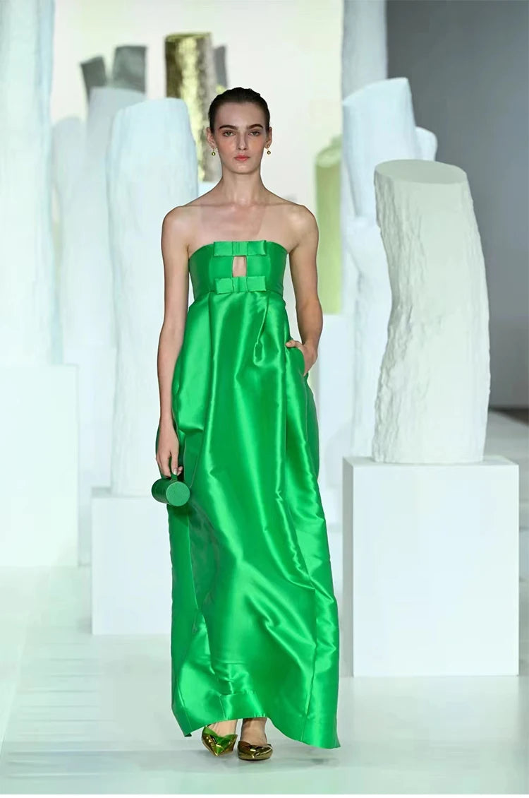 Robe longue en satin de soie mélangée verte avec nœud, élégante, sans bretelles, froncée, forme cocon, sur mesure, pour événement, occasion formelle