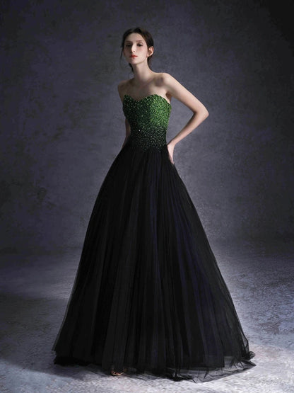 Robe de soirée vintage noire et verte sans bretelles, luxueuse robe de cocktail de mariage en tulle plissé avec perles faites à la main