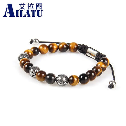 Ailatu 10 Pieces Men's Brand Stainless Steel Ball Bracelet with Natura Stone and Wood Beads Top Quality Free Logo Service