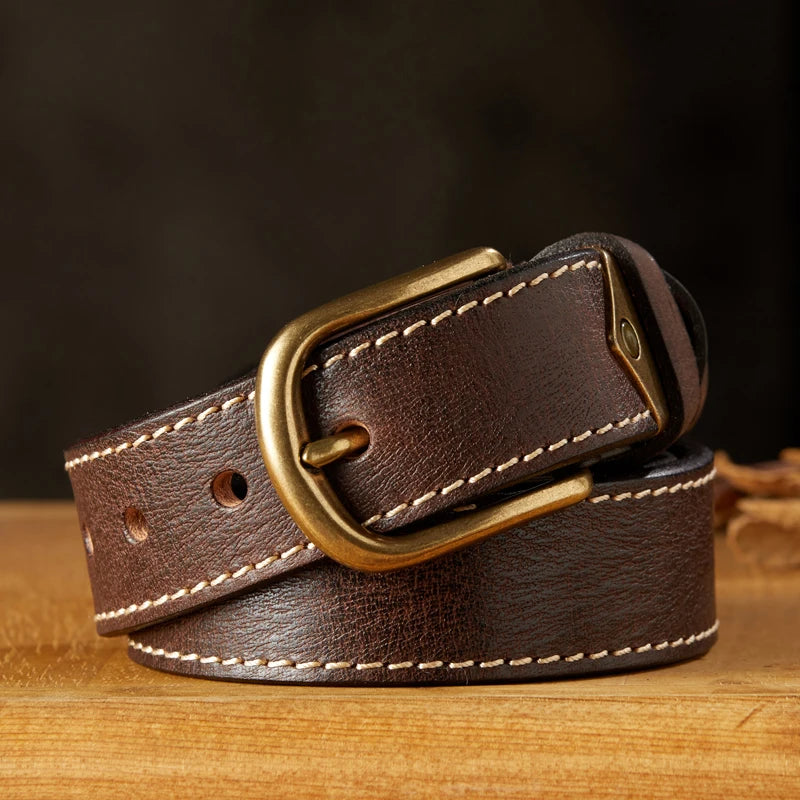 Vintage Genuine Leather Thickened Belt For Men Full Grain Cowhide Leather Copper Pin Buckle Waist Strap Daily Casual Jeans Belt