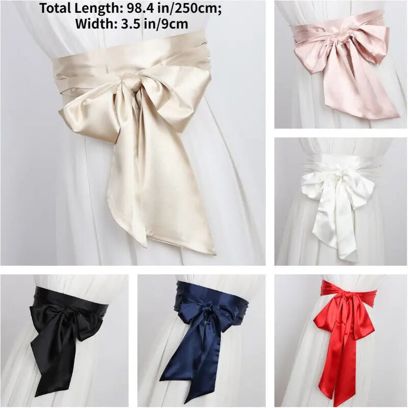 New Red/White/Blue Satin Silk Wide Belt Women Long Japanese Obi  Lace Up Waistbands Corset Belt Fabric Ribbon Cummerbund 250cm