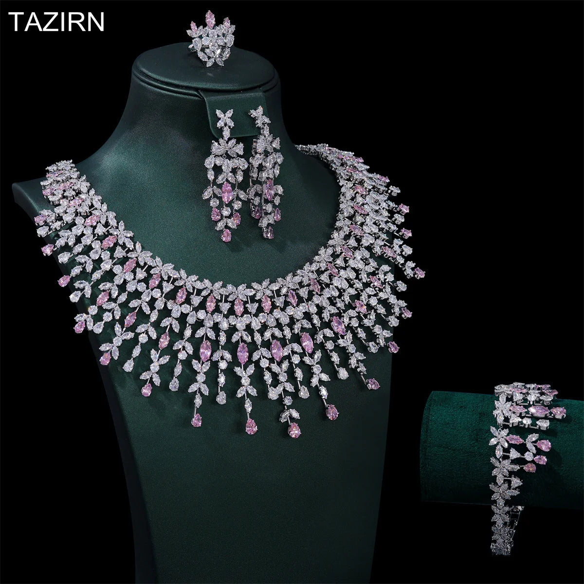 TAZIRN Ensemble de bijoux de mariage de luxe en zircone cubique 5A pour femmes, ensemble de bijoux arabes de Dubaï pour fête, bal, anniversaire, 2/4 pièces, accessoires de mariée en zircone cubique