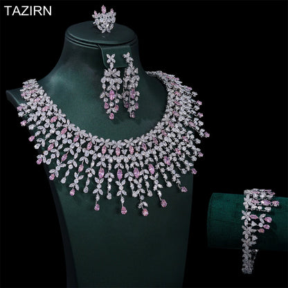 TAZIRN - Juego de joyas de lujo de 5A con circonita cúbica árabe de Dubái para bodas, fiestas, graduaciones, aniversarios, 2 o 4 piezas, accesorios nupciales de circonita cúbica