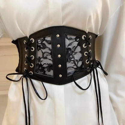 Ceinture élastique en dentelle avec boucle ardillon rétro pour femme, ceinture à nouer, large, multi-tailles, pour chemise, robe, corset