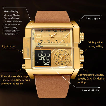 POEDAGAR Reloj de pulsera de lujo para hombre, rectangular, resistente al agua, luminoso, para día y semana, reloj para hombre, multifunción digital, reloj de cuarzo para hombre