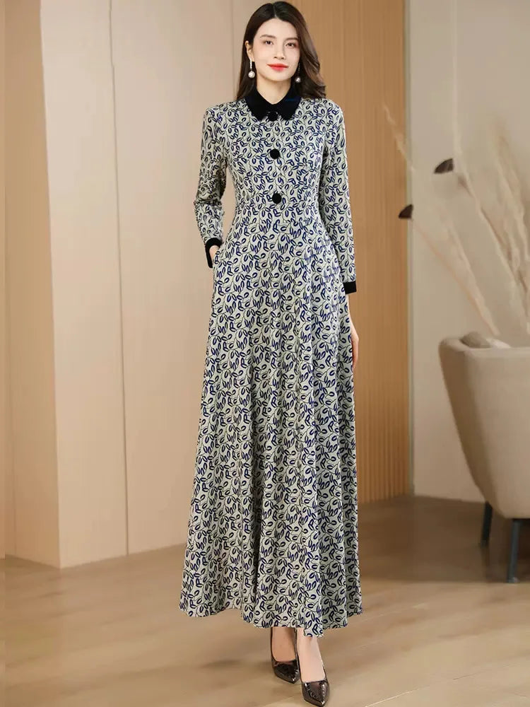 New Women Spring Autumn Print Dress Fashion Peter pan Collar Long Sleeve Slim Dress Elegant Exquisite Overlength Dress