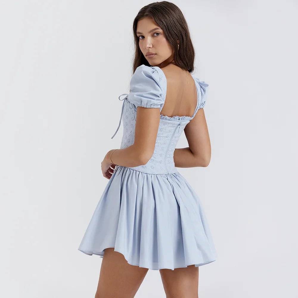 Summer Blue Square Neck Dress Casual Holiday Detachable Puff Sleeve Corset Dress Mini Elegant Women Party Vacation Dress 2023