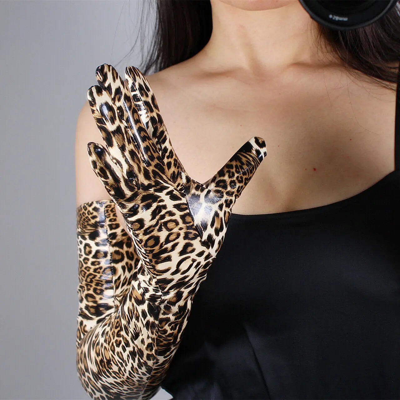 DooWay Animal Print Leopard GLOVES Brown Shine Latex Faux Leather 70cm Long Opera Evening Fashion Club Halloween Costume Glove