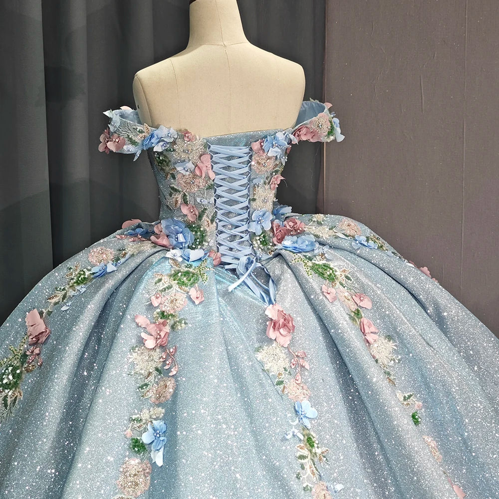 Robe de Quinceanera bleu ciel chérie pour 16 ans, robe de fête princesse avec appliques en dentelle et perles, robe de fête d'anniversaire, robes de 15 ans 6767