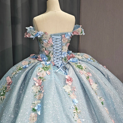 Sky Blue Sweetheart Quinceanera Dresses For 16 Party Princess Appliques Lace Beads Birthday Party Dress Vestidos De 15 6767