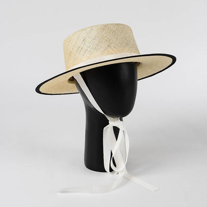 Nouveaux chapeaux d'été en paille de sisal pour femmes, chapeau de plage élégant à lacets à dessus plat, chapeau de bateau de luxe tissé à la main, casquette de jazz Panama