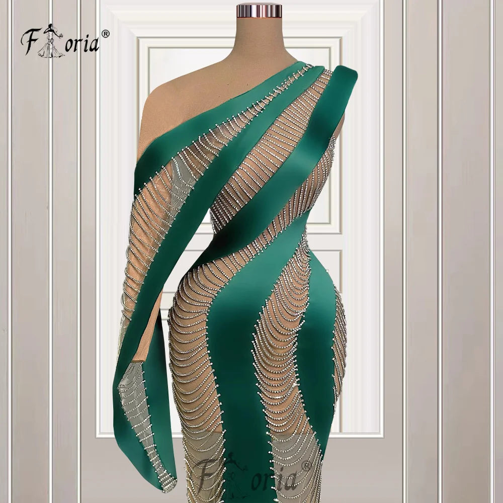 Special Occasion Green Tassels Mermaid Formal Evening Dresses Crystal See Through One Shoulder Celerbrity Party Dress Robe Soire