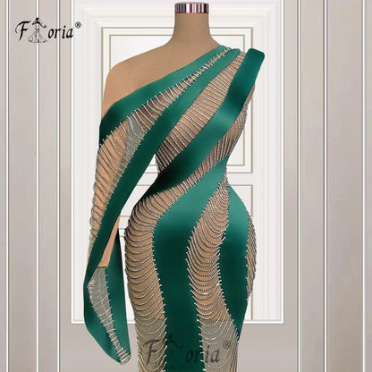 Robe de soirée sirène à pompons verts pour occasions spéciales, robe de soirée à une épaule transparente en cristal