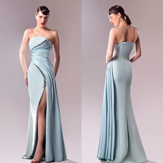 Jiayigong  Classic Modern Style Formal Evening Strapless A-line Beading Pleat Satin Bespoke Occasion Dresses