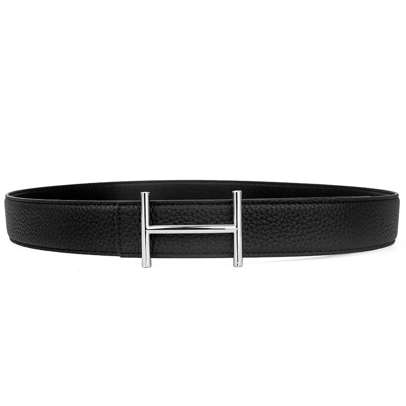 Ceinture d'affaires en cuir véritable de largeur 3,4 cm, ceinture de cow-boy pour hommes, ceinture à boucle striée Litchi Fashion, avec lettre « H », ceinture pour femmes et hommes