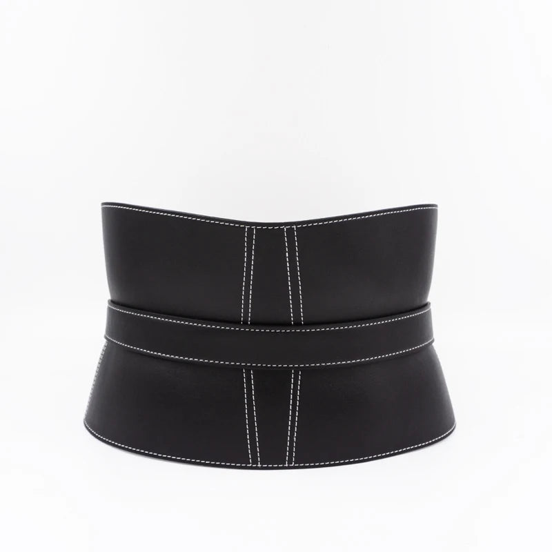 Ceinture large en cuir à coutures surpiquées pour femme avec boucle ardillon noire, ceinture décorative tendance en cuir souple